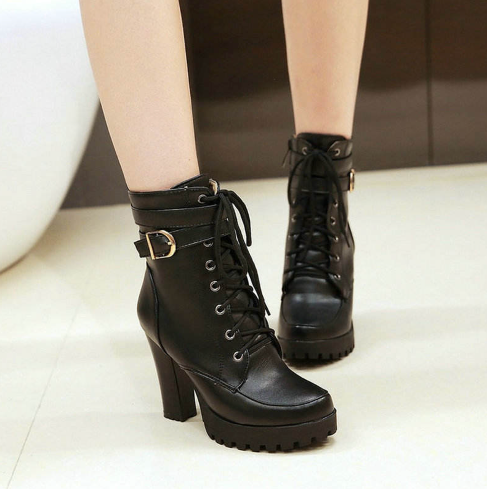 Women's Autumn Winter Belt Buckle Block Heel Boots